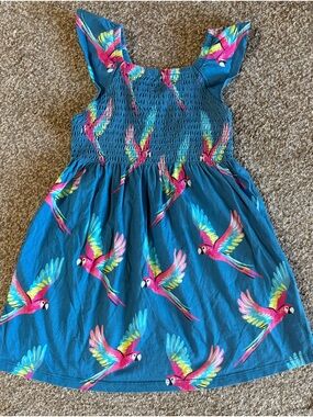 Hatley Teal Dress with Pink & Yellow Parrot Print